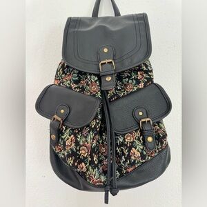 Vintage 1990s New Look Black Faux Leather & Brocade Backpack